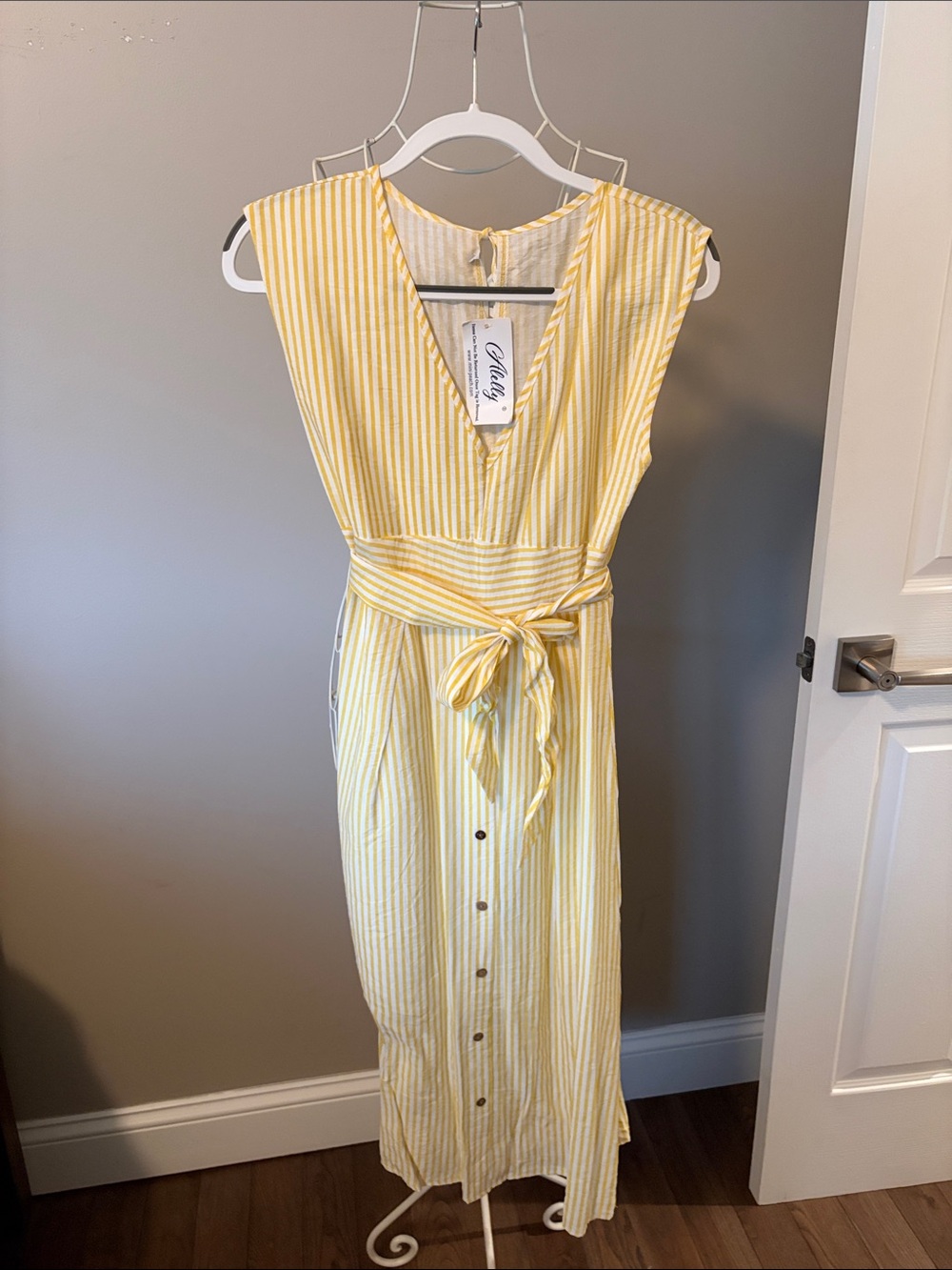 Yellow Striped Tie-Waist Midi Dress
